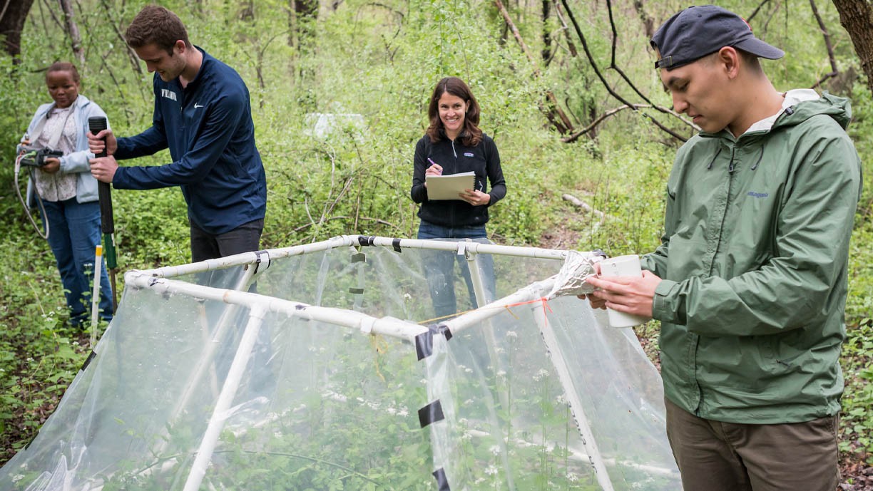 Students and faculty in the woods gathering data.