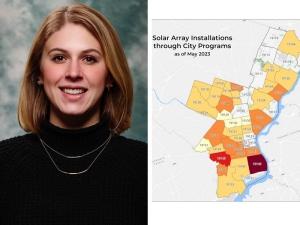 Charlotte Shade ’19 MS with a map she made in her role with Philadelphia’s Office of Sustainability,