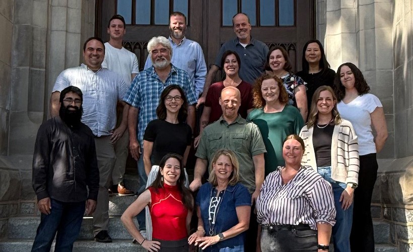 PBS 2025 full time faculty photo. Professors from left to right, back to front: Dr. Nathaniel Greene, Dr. Bradley Hughes, Dr. John Kurtz, Dr. Grant Berry, Dr. Michael Brown, Dr. Erica Slotter, Dr. Janette Herbers, Dr. Irene Kan, Dr. Suzanne Gray, Dr. M. Ali Qadri, Dr. Elizabeth Pantesco, Dr. Benjamin Sachs, Dr. Rebecca Brand, Dr. Caitlyn Yantis, Dr. Deena Weisberg, Dr. Anna Drummey, and Dr. Emily Slonecker. Not Featured: Drs. Diego Fernandez-Duque, Patrick Markey, Matthew Mattell, and Joseph Toscano.
