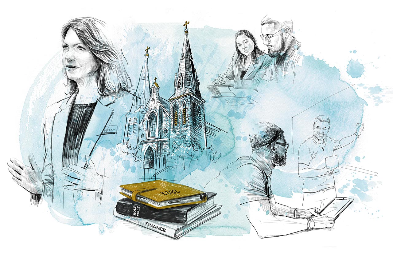 illustration of stewards and scholars in various classroom settings at VSB's Center for Church Management